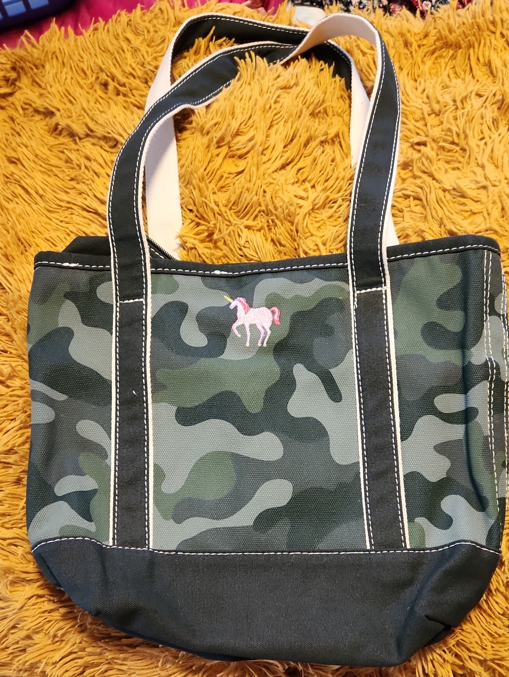 Lands' End Camo Canvas Tote with Pink Unicorn Embroidery